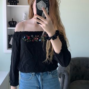 Black Off The Shoulder Top with Floral Embroidery